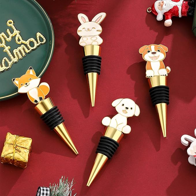 Christmas Wine Bottle Stopper,4 Pieces Christmas Dog Rabbit Fox Decorative Xmas Wine Bottle Stopper,Metal Reusable Christmas Bottle Stoppers for Wine, Champagne and Beer Collection (Animal)