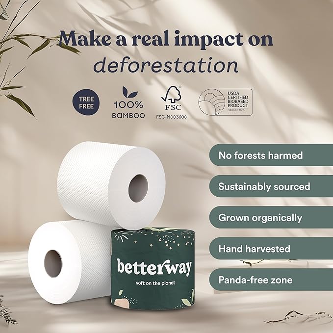 Betterway Bamboo Toilet Paper 3 Ply - Sustainable Toilet Tissue - 24 Long-Lasting Rolls & 360 Sheets Per Roll - Septic Safe - Organic, Plastic & PFAS Free - FSC Certified