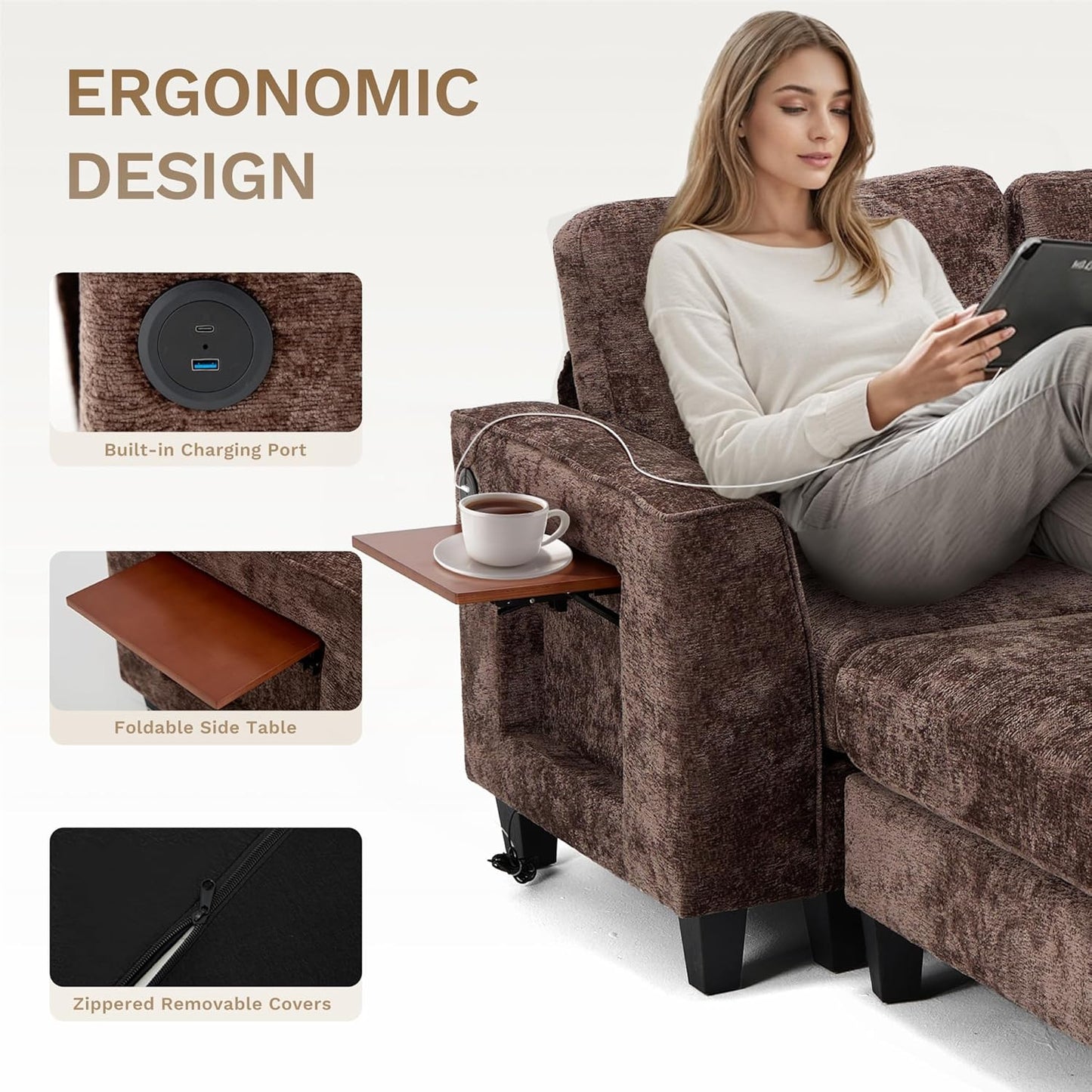 COLAMY 118" U-Shaped Sectional Couch, 4-Seat Modular Sofa with 2 Ottomans and Foldable Side Table, Brown for Living Room