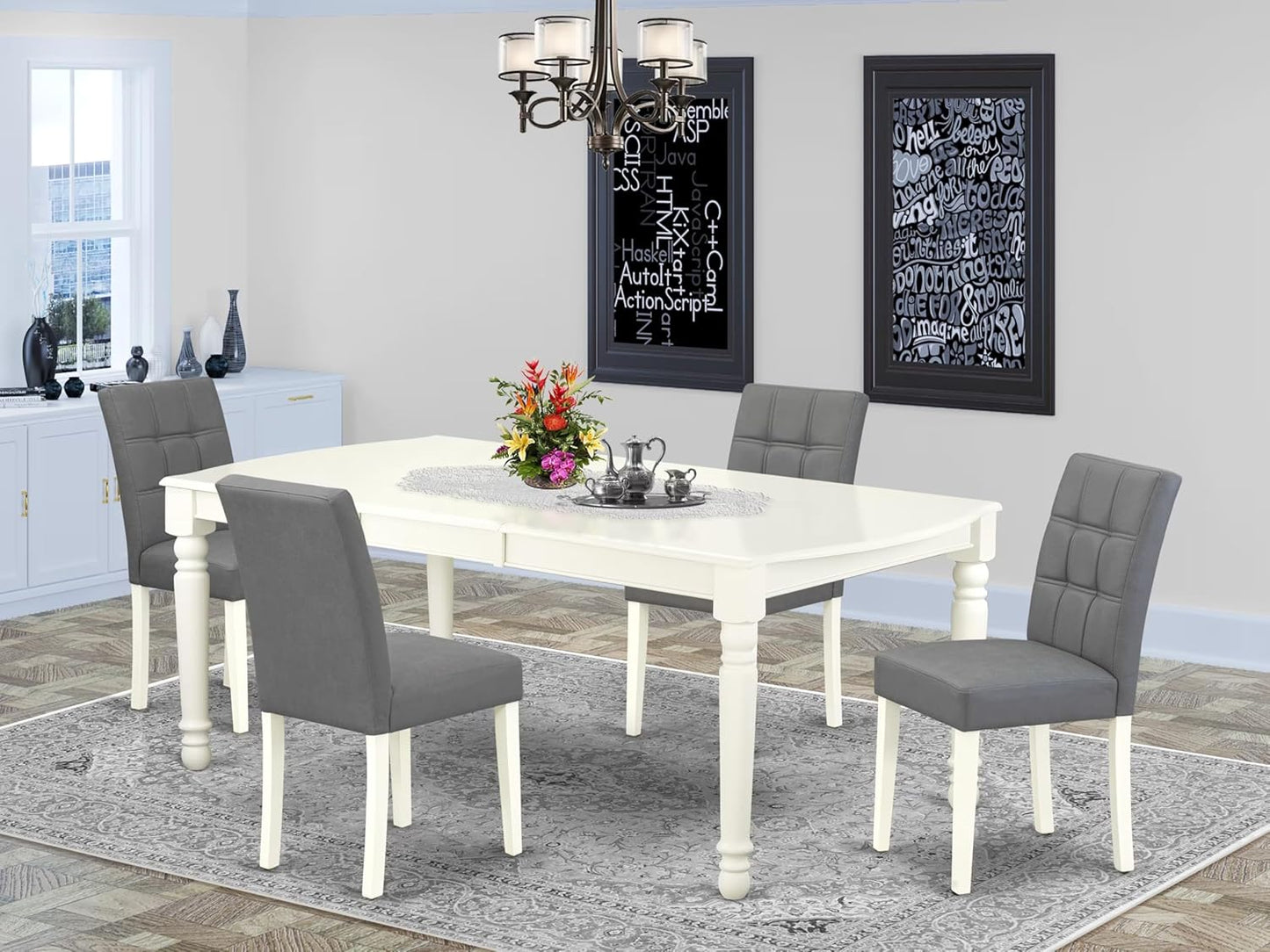 East West Furniture DOAS5-LWH-41 5 Piece Kitchen Table Set Includes A Dinner Table and 4 Platinum Gray Polyester Fabric Person Chairs with Stylish Back- Linen White Finish