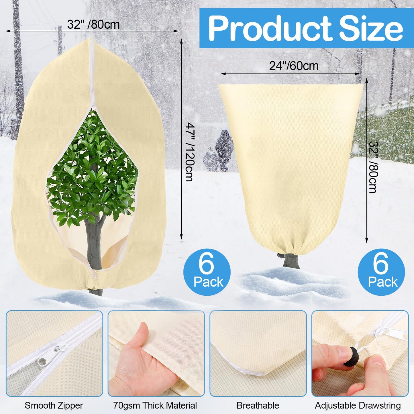 Wesnoy 12 Pack Winter Plant Covers Freeze Protection 2 Size 47" x 32" and 24" x 32" Winter Frost Cloths Blankets with Zipper Drawstring Tree Covers for Outdoor Plants Shrubs Potted Trees(Beige)