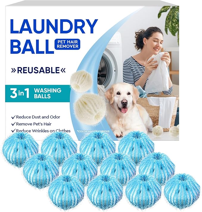 Pet Hair Remover for Laundry, 12 PCS Reusable Pet Hair Remover Balls, Washing Machine Hair Catcher for Dog and Cat Hair Removal, Gentle Lint Collector for Laundry Care, Blue