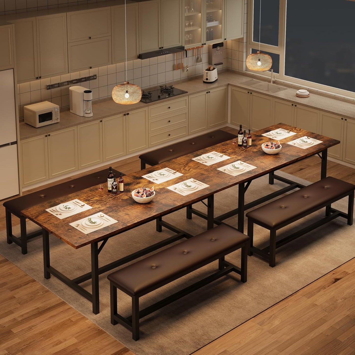 3-Piece Dining Table Set for 4-6 People, Extendable Kitchen Table Set with 2 Upholstered Benches, Dining Room Table Set for Apartment, Kitchen, Living Room, Brown