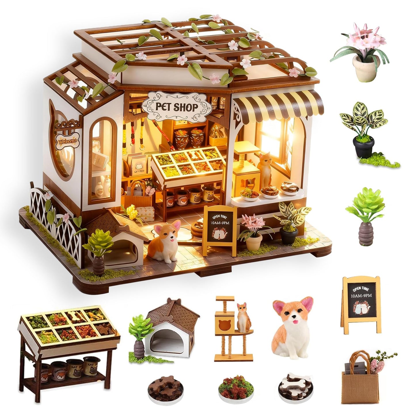 DIY Miniature House Kit- Miniature House Kit Adults Pet Shop Tiny House Kit Tiny Home Kit Birthday Gifts 3D Wooden Puzzle Home Decoration, Book Nook Kit for Adults Dollhouse Booknook