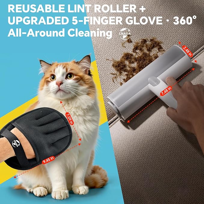 Pet Hair Removal Set, Roller Pet Hair Remover, Pet Hair Removal Glove for Dogs & Cats, Pet Fur Remover for Clothing, Couch, Carpet, Car Seat, Pet Hair Removal Tool - White