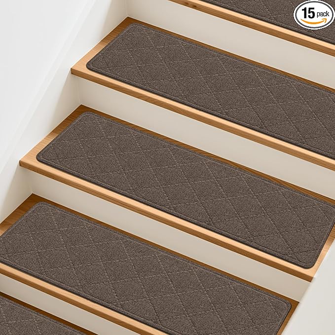Stair Treads Non-Slip for Wooden Steps, 15Pack - 8" x 30" Edging Stair Runner Indoor for Kids Elders & Pets, Washable Carpet Stair Treads with Peel & Stick Reusable TPE Backing, Brown