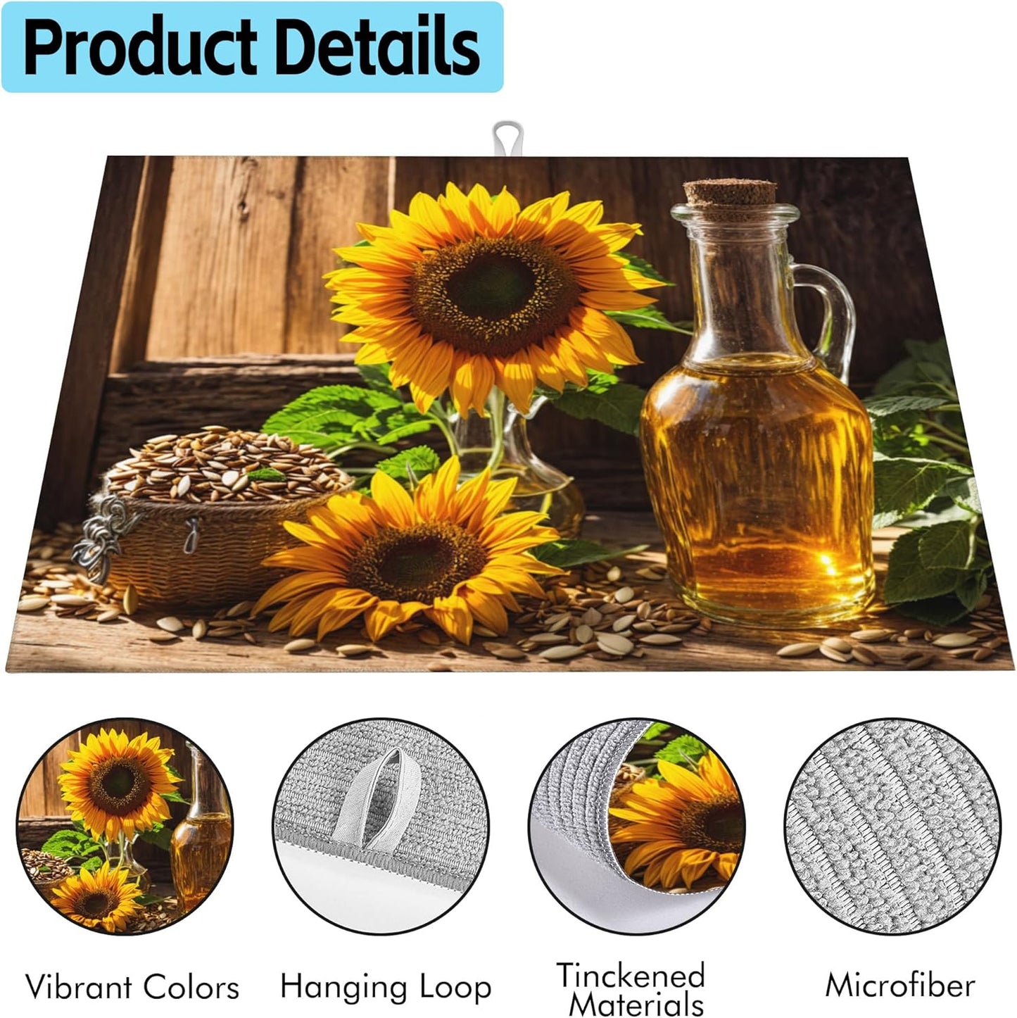 Large Dish Drying Mat for Kitchen Counter,18"X24" Sunflowers with Oil Bottle Absorbent Reversible Microfiber Dish Drying Mat Dish Drainer Mat,Dishes Mat Drying Pad for Kitchen Countertop Coffee Bar
