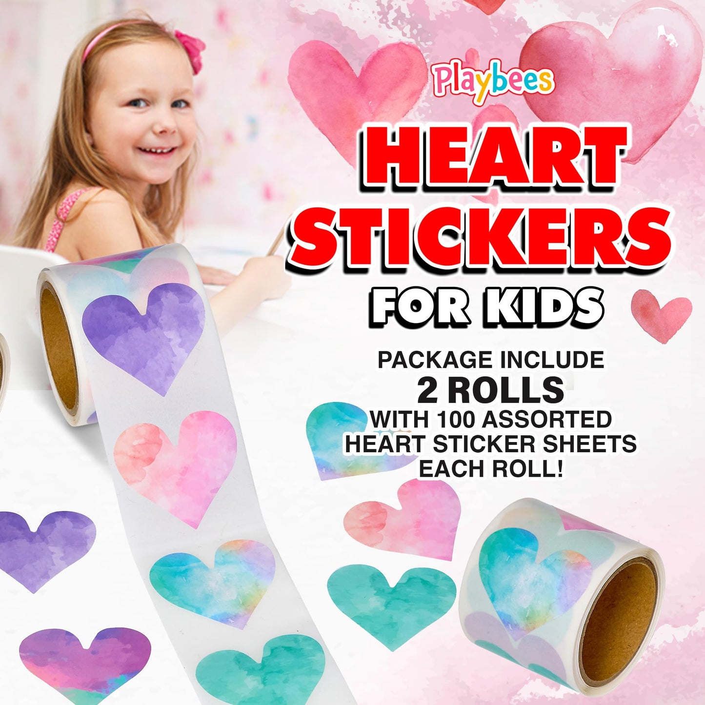 Playbees Watercolor Heart Stickers for Kids - 200 Pack of Rainbow Heart Themed Designs - Valentine’s Day Kids Educational Arts and Crafts, Scrapbooking, Teacher Awards, Classroom Prize, Encouragement
