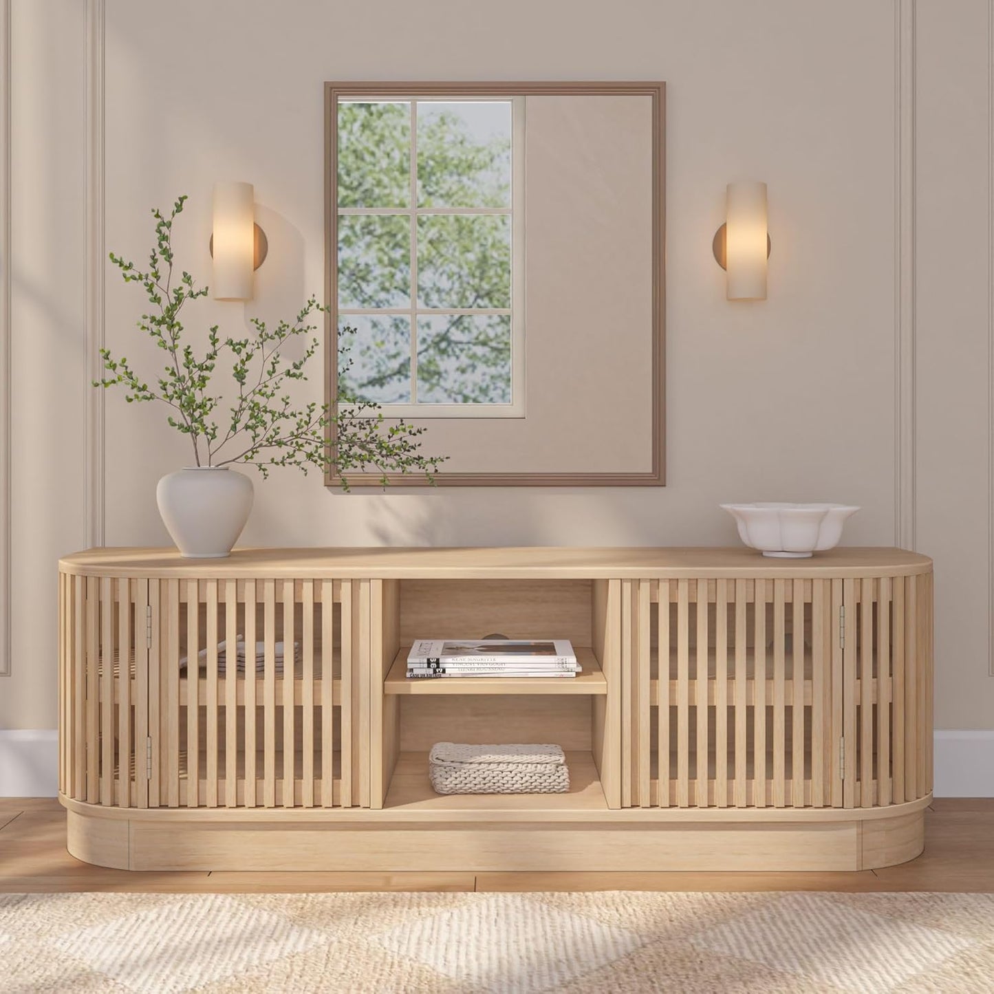 Plank+Beam Contour Wood TV Stand, Solid Wood Entertainment Console with Storage, 59" L x 16" W x 19" H, Blonde