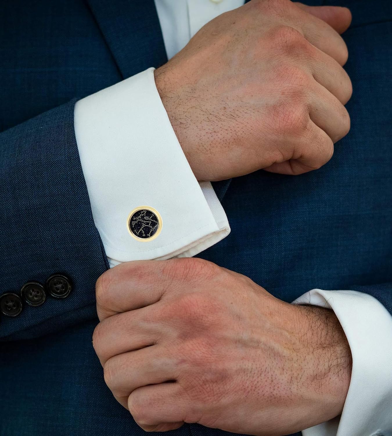 Sky Constellation Pattern Round Men's Cufflinks In Gift Case Sparkling Blue Goldstone Cufflinks for Men Jewelry for Wedding Party Business Birthday Anniversary Dress