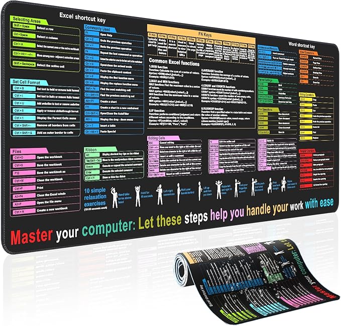 Excel Cheat Sheet Desk pad—Contains 12 Types of Common Skills in Excel and Word|Large XL Size（35.45 * 15.75 inch）|Desk mat for Keyboard and Mouse|Work、Study、Gaming Mouse pad|Waterproof、Anti-Slip