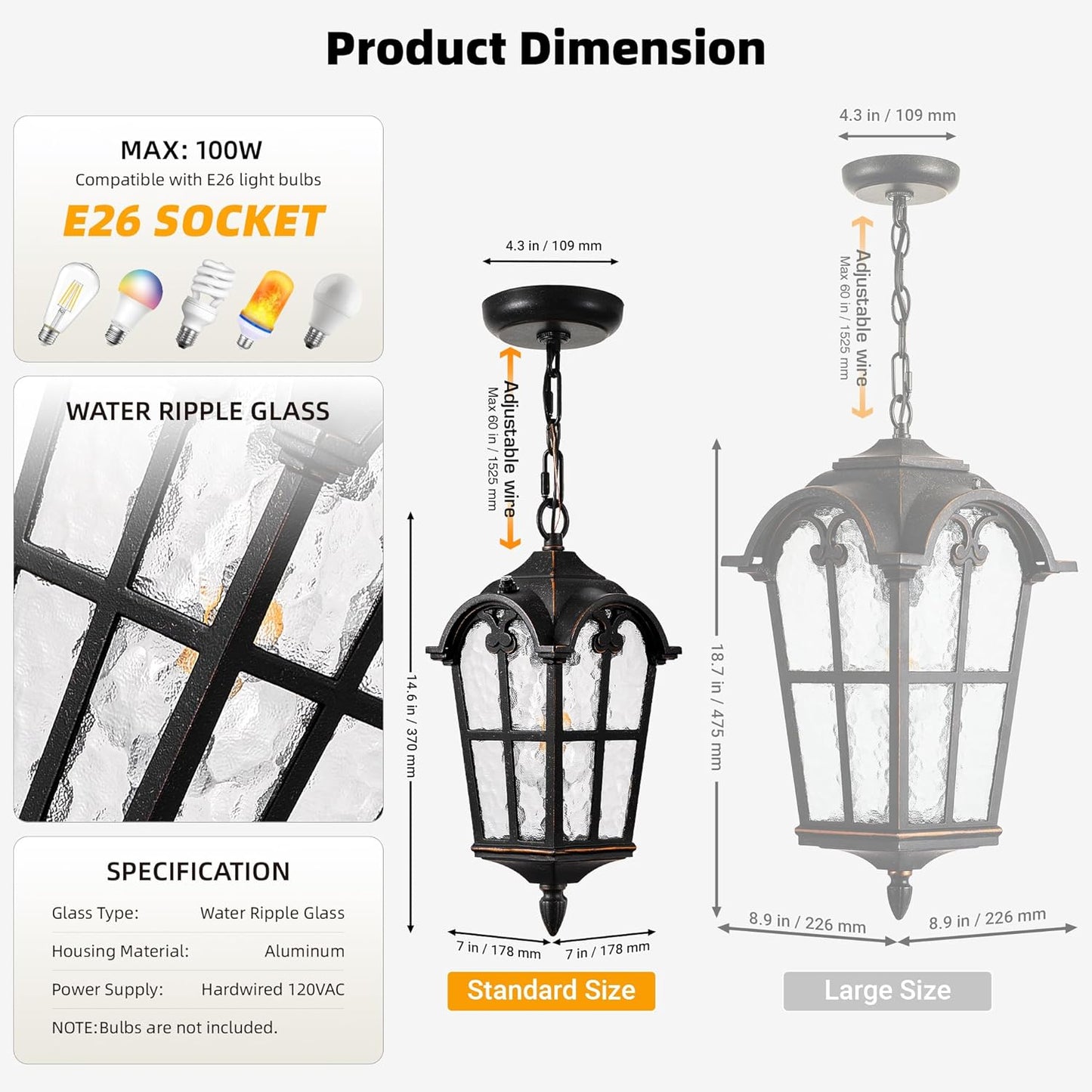 VIANIS Vintage ORB Pendant Light Fixtures with Gold Trim, 1 Pack Porch Lights Outdoor with Adjustable Chain, Outdoor Chandelier for Porch, Aluminum Waterproof Hanging Exterior Lighting for Front Patio