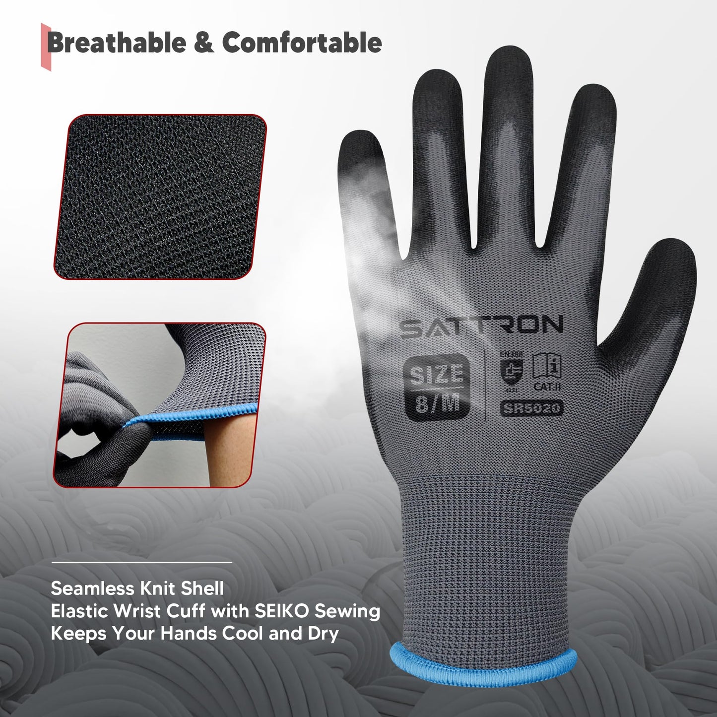 SATTRON Safety Work Gloves PU Coated, 12 Pairs, Seamless Knit Gloves with Polyurethane Coating Working Gloves Excellent Grip for Men & Women Ideal for General Duty Work (Grey, Large)