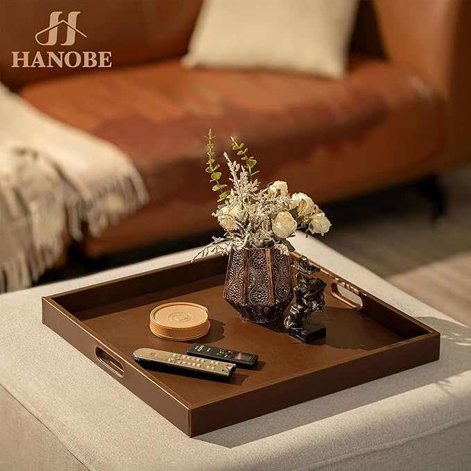 Hanobe Ottoman Serving Tray Large: 20'' Decorative Trays with Handles - Leather Coffee Table Decor for Extra Big Counter Home Living Room - Oversized