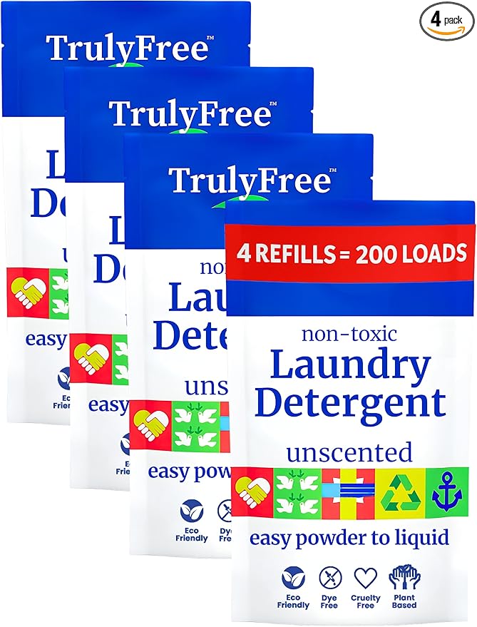 Truly Free Natural Laundry Detergent for Sensitive Skin | Eco Friendly, Plant Based, Baby Clothes Safe | Clean & Easy Powder to Liquid, Unscented | Refill Only (200 Loads)