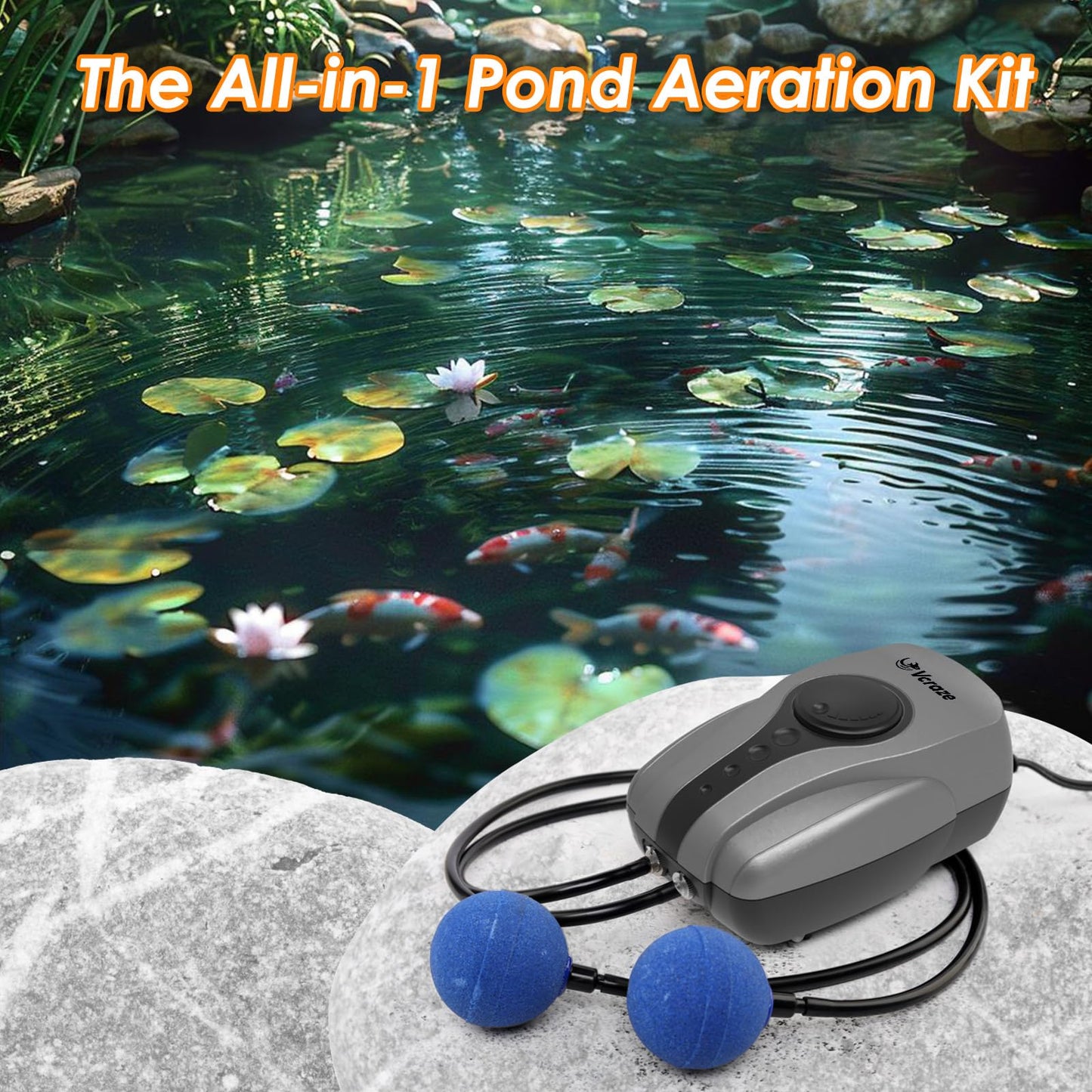 VCRAZE Pond Aerator Pump Pond Aeration Kit with Check Valves Air Stones Airline Tubing, All-in-1 Pond Air Pumps for Outdoor Ponds up to 1000 Gallon