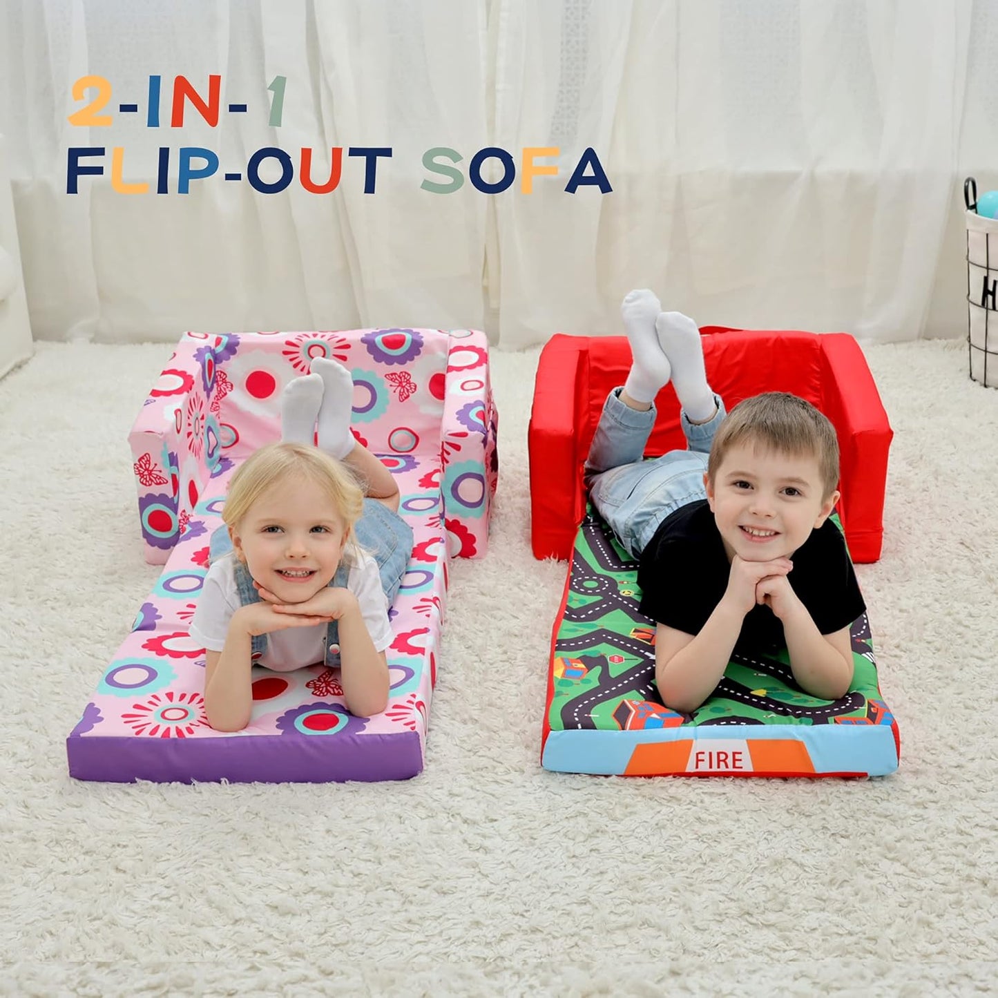 MallBest Kids Sofas Children's Sofa Bed Baby's Upholstered Couch Sleepover Chair Flipout Open Recliner(Pink/Flowers)