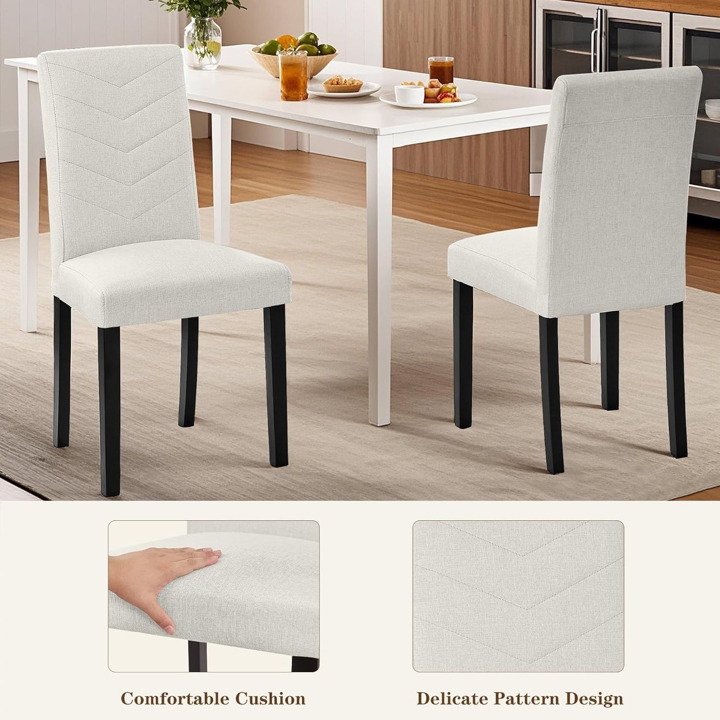 VECELO Upholstered Dining Chairs Set of 2, Fabric Wood Legs High Back for Kitchen Living Room, Beige