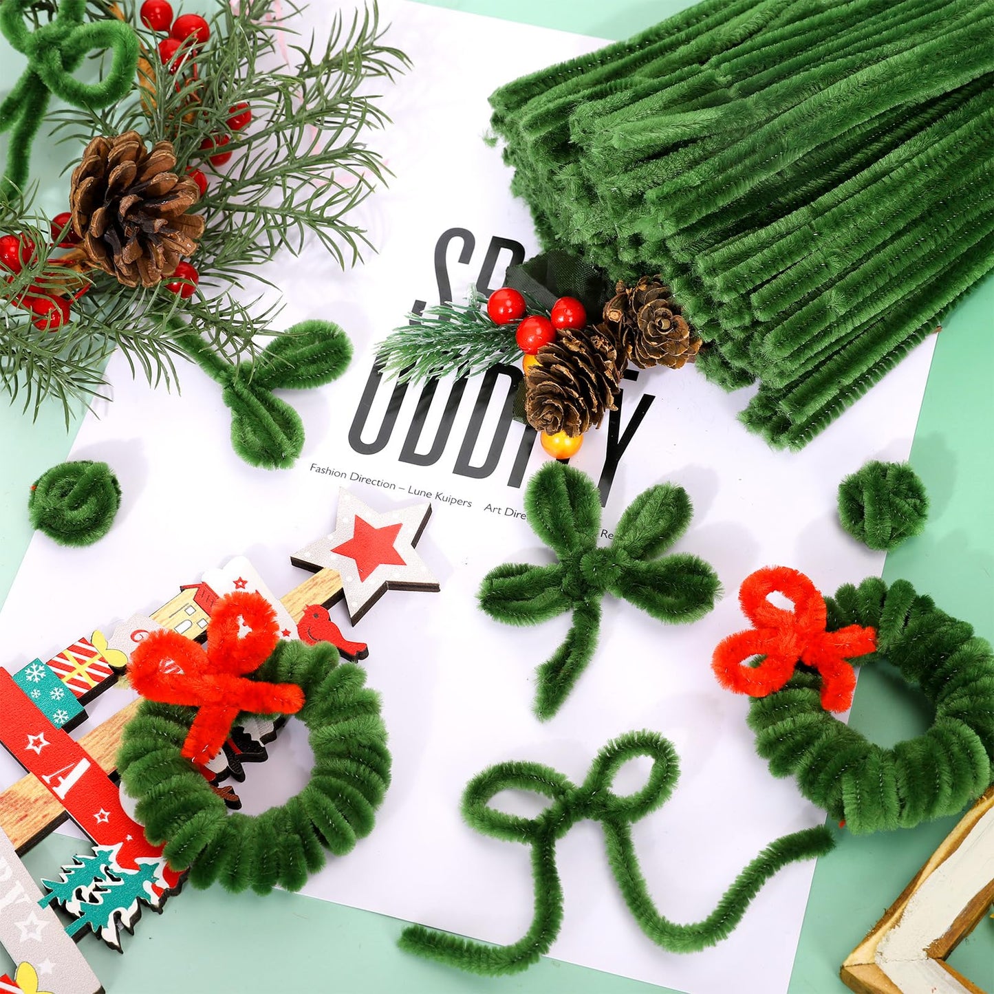 Whaline 300Pcs Green Pipe Cleaners Olive Green Chenille Stems DIY Craft Set for Holiday Birthday Wedding Party Decoration, 12 x 0.2 Inch