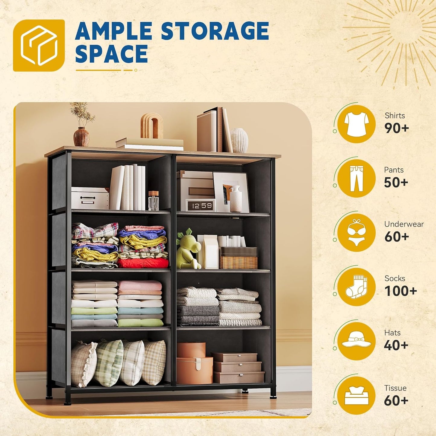 DWVO Dresser with 8 Drawers - Fabric Storage Tower, Organizer Unit for Bedroom, Hallway, Closets - Sturdy Steel Frame, Wooden Top & Easy Pull Fabric Bins (Burlywood Grain)