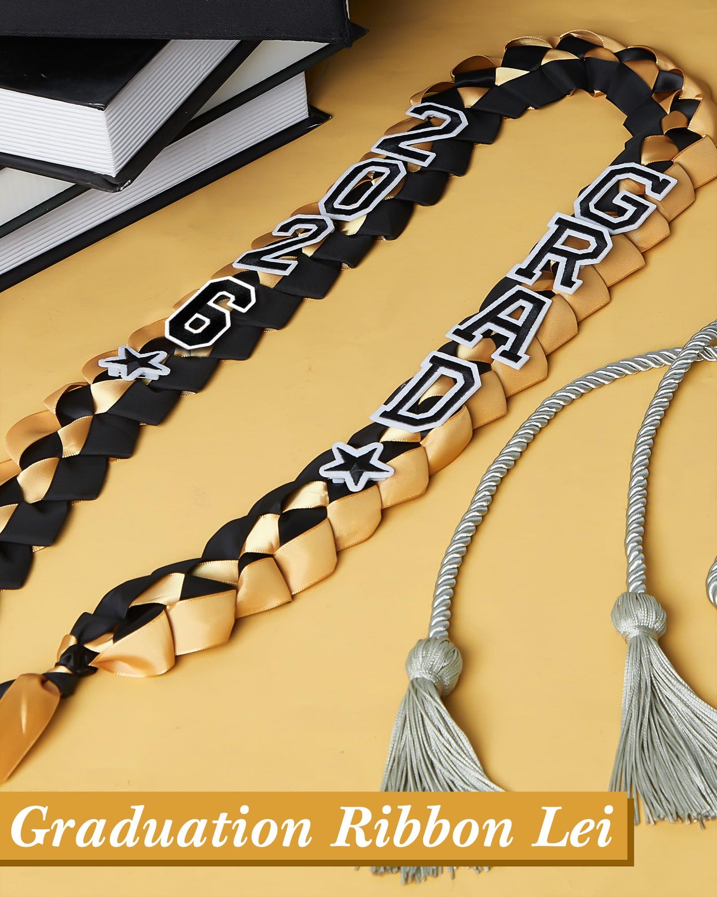 Cindeer 2026 Graduation Ribbon Lei Set Handmade Braided Necklace Honor Cord with Tassel 2026 Grad Embroidery Patches for High School College Graduation Party Supplies(Black, Gold)