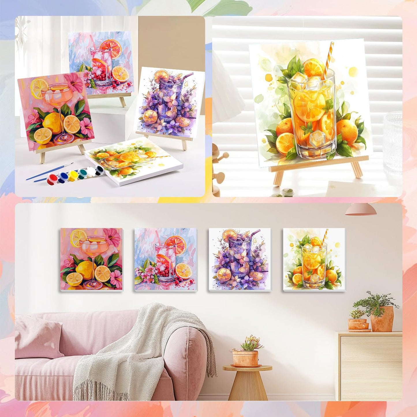 HEIBAGO 4 Pack Framed Paint by Numbers Kit for Adults Beginner, Adult Paint by Number Kits Cocktail, DIY Paint by Numbers for Adults,Small Easy Acrylic Oil Painting for Wall Decor 8 x 8 Inch