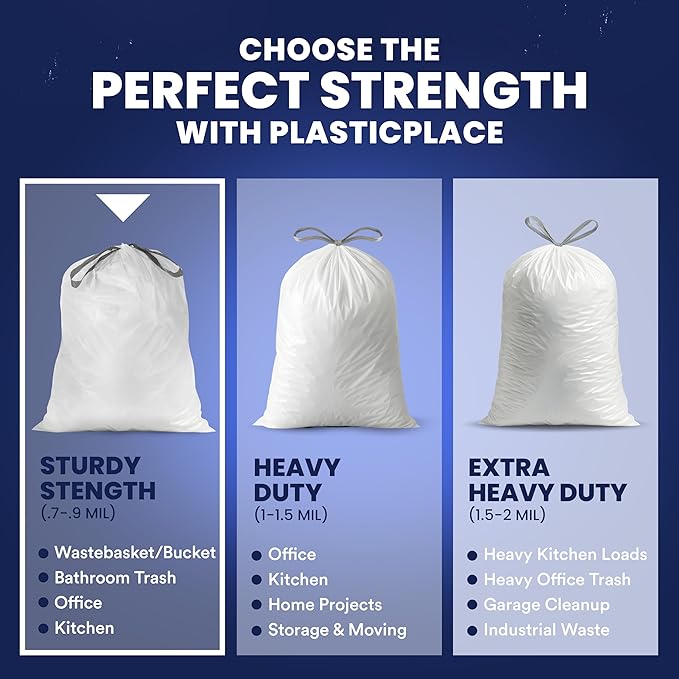 Plasticplace 5 Gallon Trash Bags - White Drawstring Garbage Bag Liners, 19" x 25" (100 Count) – Durable, Leak-Proof, Multi-Purpose Tall Kitchen, Bathroom, Office and Car TrashBags Plastic Bags 0.9 Mil