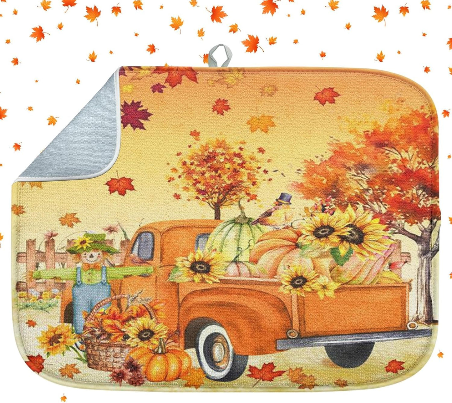 Sanwarm Absorbent Dish Drying Mat, Fall Truck Pumpkin Microfiber Pad for Kitchen Counter, Tree Leaf for Coffee Bar Decor, Heat Resistant and Reversible, 16" x 18"