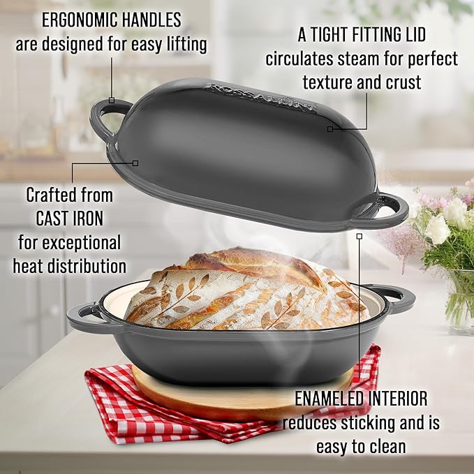 Signature Enameled Cast Iron Sourdough Bread Oven | Non-Stick with Tight Fitting Lid for Perfect Baking and Bread Making | 2QT Oval Oven With Lid [Oyster Grey]