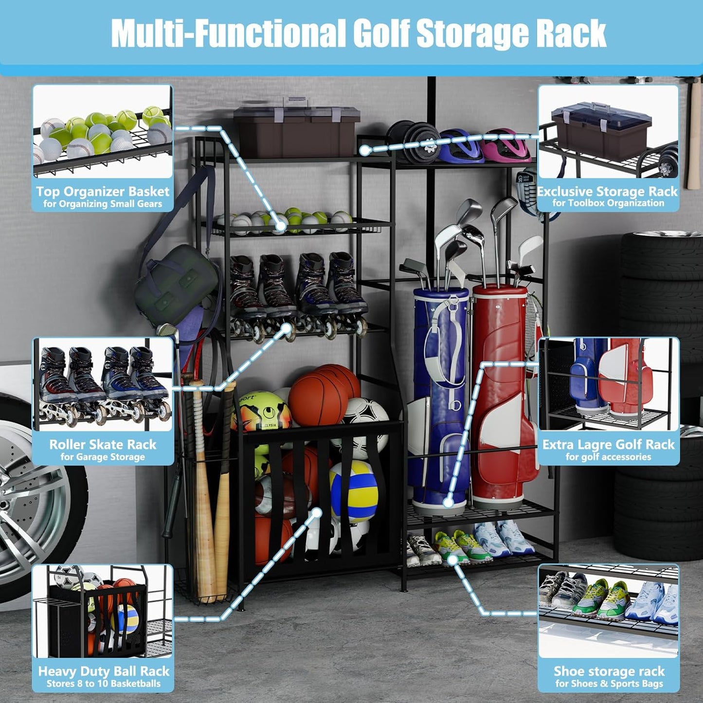 Garage Sports Equipment Organizer, Golf Bag Storage Rack, Heavy Duty Ball Holder with Basket & Hooks, Indoor/Outdoor Basketball Storage Bins for Toy Sports Gear Storage (Pro)