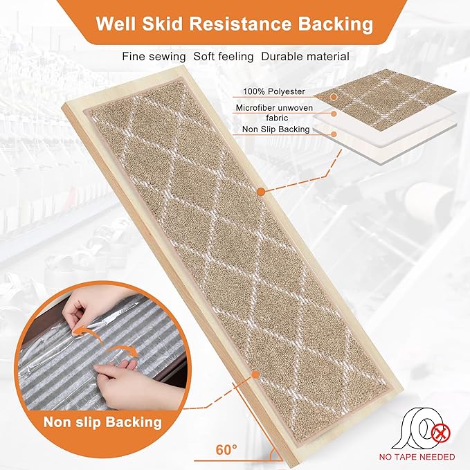 BEQHAUSE Stair Treads 15 Pack Non Slip Stair Runner 28inX9in Machine Washable Stair Mats 100% Polyester Soft Stair Carpet Treads for Wooden Steps
