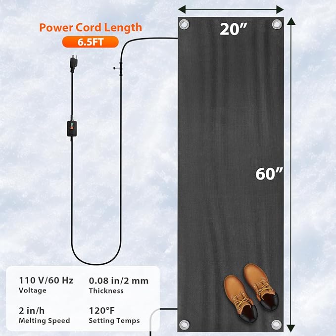mestyl Heated Snow Melting Mats Outdoor, 20 x 60 Inch Heated Outdoor Mats, Snow and Ice Melting Mats No-Slip Winter Outdoor Heated Mats for Walkway, Sidewalks, Driveway, Stair, Steps, Decks