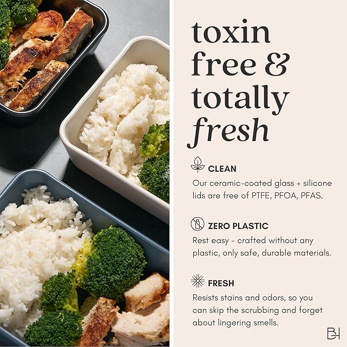 Ceramic Coated Glass Food Storage Containers | No PTFE, PFOA, PFAS, and BPA | Reusable Non Toxic Meal Prep Containers with Glass Lids | Easy To Store | 10 Piece Set [Willow]