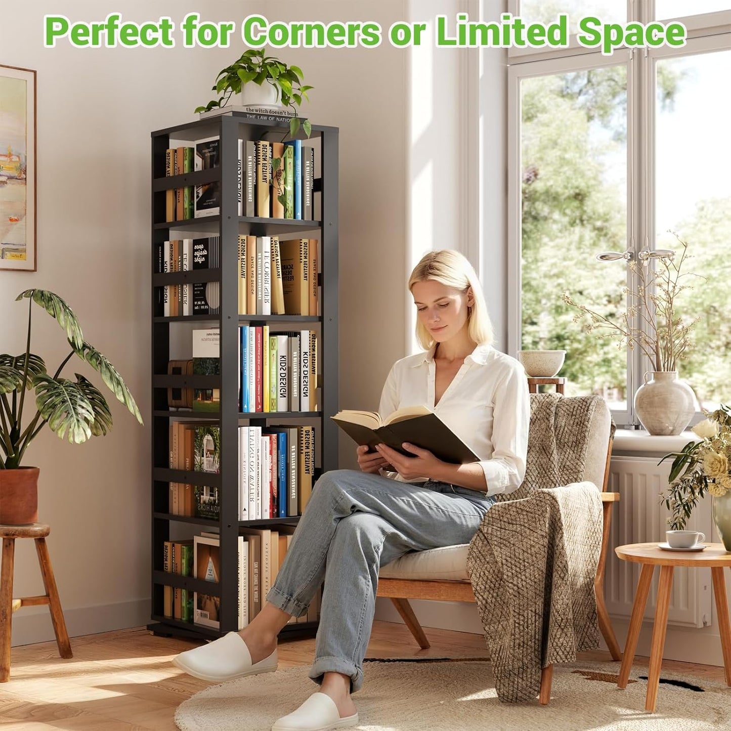Homykic Rotating Bookshelf, Bamboo 360 Display Spinning Bookshelf Tower, 5-Tier Small Corner Bookcase for Small Spaces, Narrow Revolving Book Shelf Organizer Rack for Home Office, Black