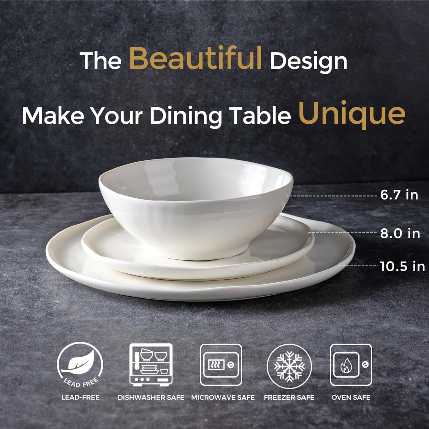 LERATIO Ceramic Dinnerware Sets for 4,Porcelain Plates and Bowls Sets with Wavy Edge,Microwave & Dishwasher & Oven Safe,Light Weight & Scratch Resistant Dishes Sets-Service for 4 (12pcs)-White