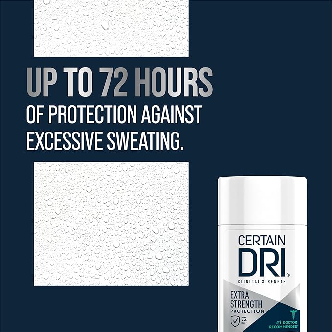 Certain Dri Extra Strength Clinical Solid Antiperspirant, 72-Hour Sweat & Odor Protection for Hyperhidrosis, Maximum-Strength, Powder Fresh Scent, 1.7 oz, (Pack of 1)