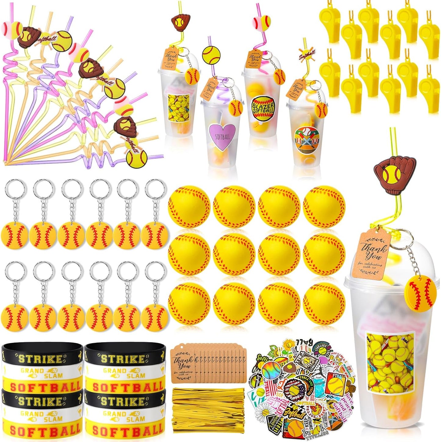 Weysat 184 Pcs Softball Party Favors Party Supplies with Cup Straw Stress Ball Keychain Sticker Bracelet Whistle Thank You Tags for Birthday Decorations (Softball)