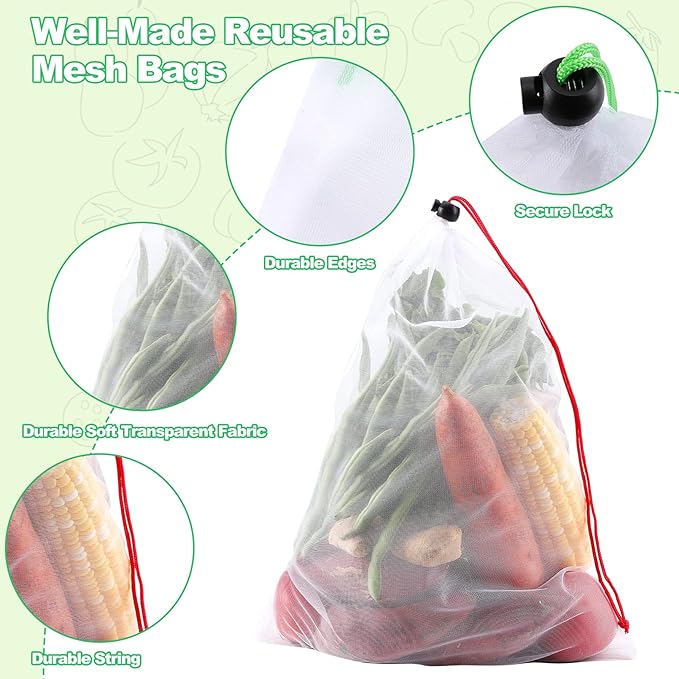 20 Pack Reusable Produce Bags,Mesh Produce Bags Washable,See-Through Vegetables Fruits Bag,Premium Strength Toy Storage Mesh Bags with Drawstring for Fruits Vegetables Fridge Storage Toys,3 Sizes