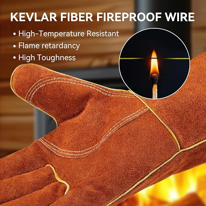 OZERO 932°F Heat Resistant Welding Gloves: 14 inches Cowhide Leather Long Sleeve and Insulated Lining Grill Glove - for Tig Mig Welder Forge Stove Oven Baking Fireplace Barbecue Grilling, Brown