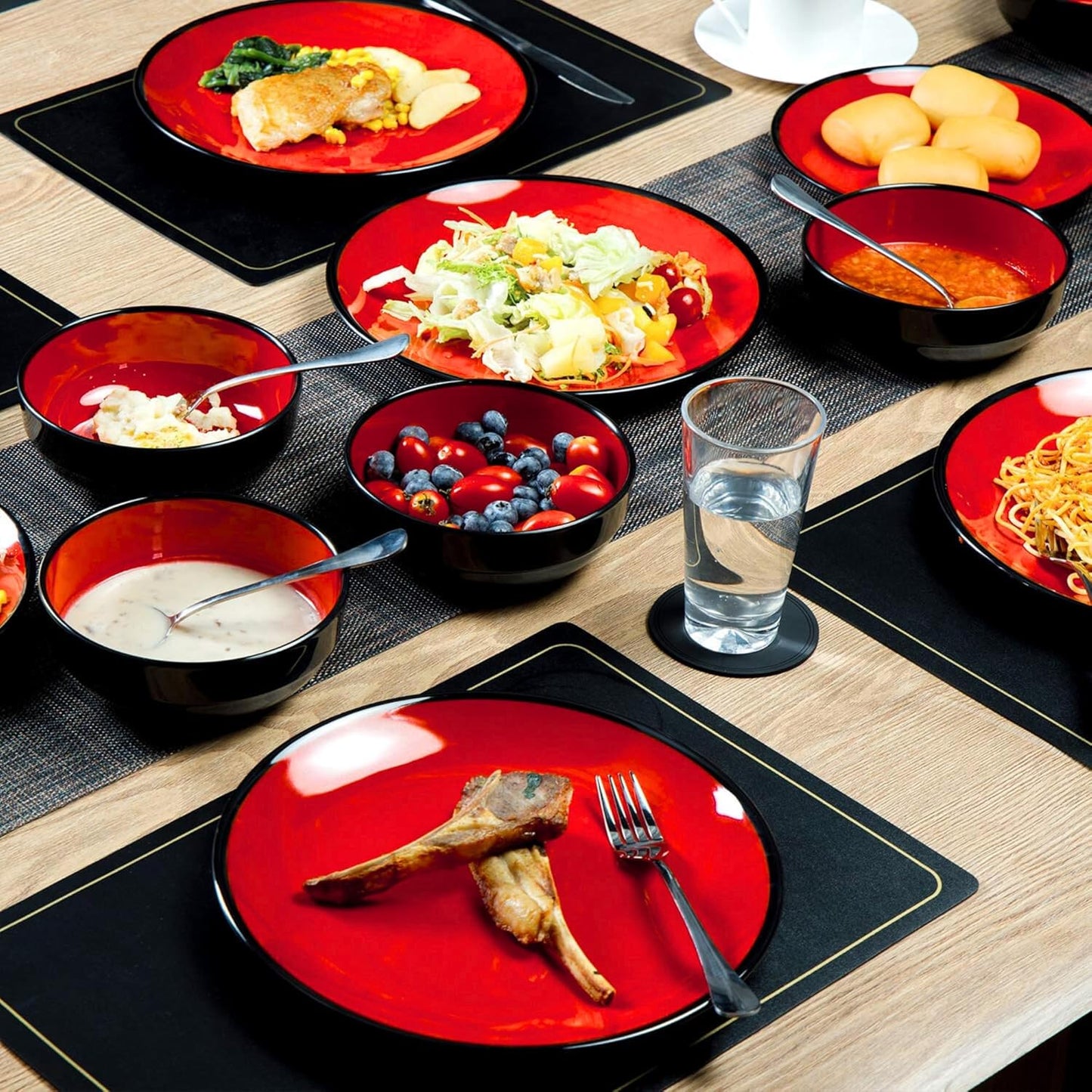 TP 12-Piece Dinnerware Set, Melamine Dishes Set with Bowls and Plates, Non-breakable and Lightweight Dinner Service for 4, Glossy Black and Red