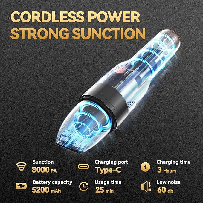 Handleld Vacuum Cordless -Car Vacuum Portable Rechargeble -Hand Held Small Vacuum Cleaner Car Seats, Home, Quick Cleanup, Strong Suction, Lightweight, Includes Crevice Nozzle & Brush -H3