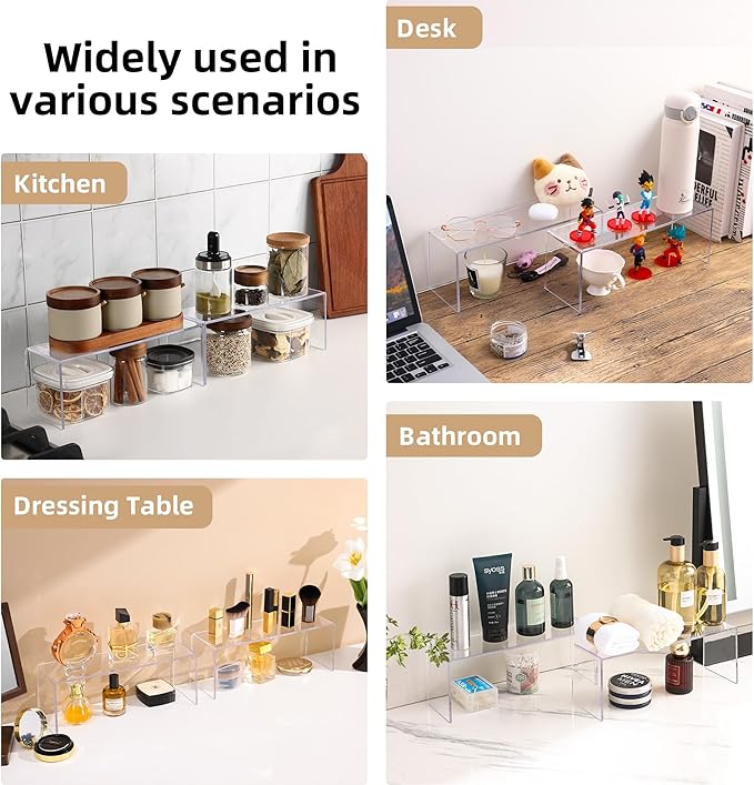 8 Packs Cabinet Organizer Shelf, Acrylic kitchen Cabinet Shelves, Shelf Riser for Dishes, Spices, Soda Cans and Bottles（12.4 x 4 x 4.6 inch）