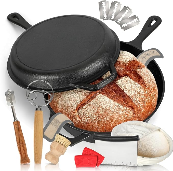 5 Qt Cast Iron Dutch Oven with Skillet Lid, 2-in-1 Sourdough Dutch Oven, Dutch Pot with Bread Baking Supplies