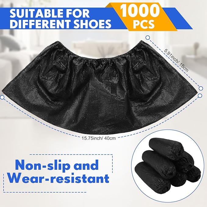 Vabean 1000 Pcs Disposable Shoe Covers Boot Cover Waterproof Nonslip Shoe Protector Covers for Indoor Carpet Floor Workplace Protection, One Size Fit Most (Black)