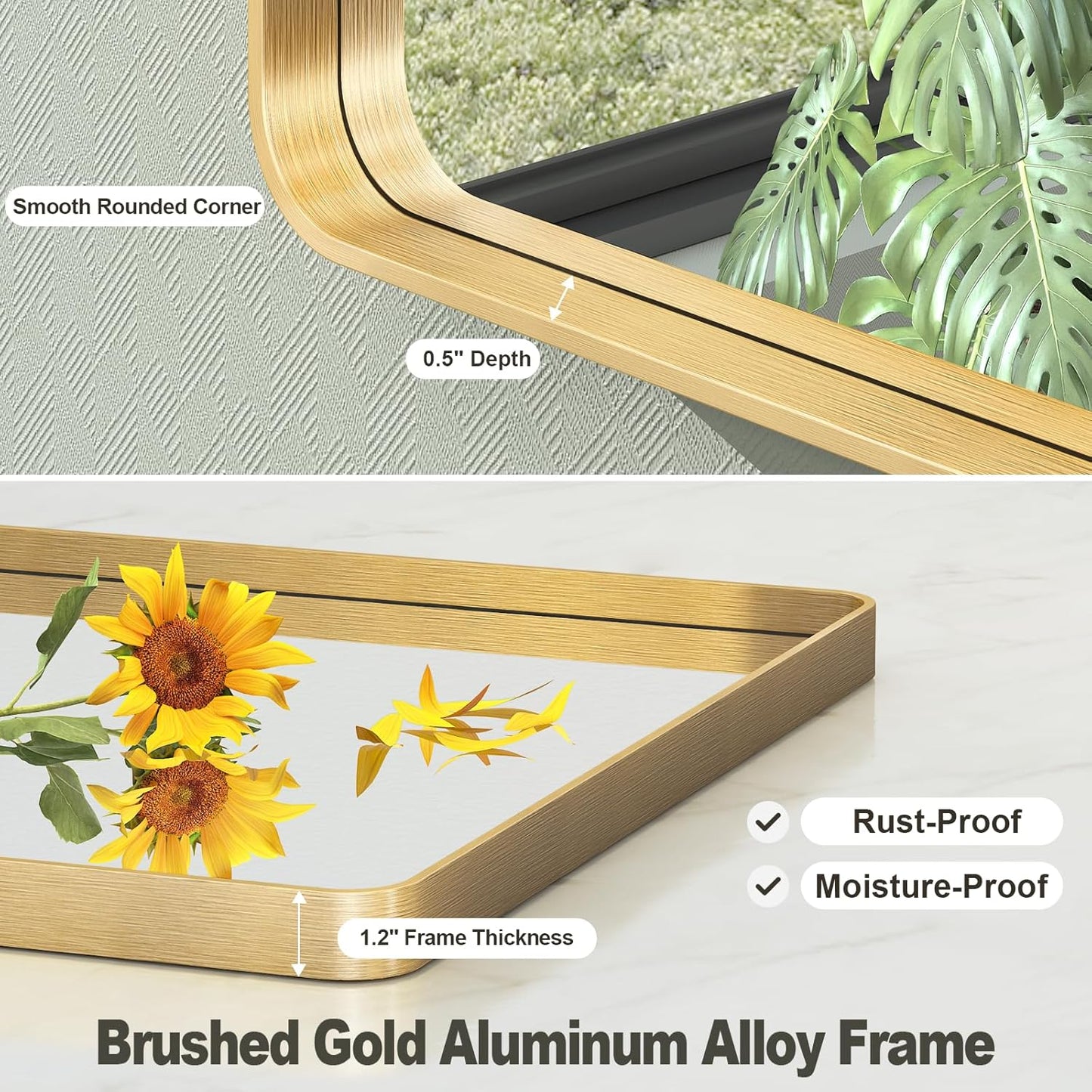 60x36 Inch Gold Framed Bathroom Mirror, Rectangle Brushed Gold Metal Vanity Mirror, Gold Rectangle Mirror for Wall, Rounded Corner, Tempered Glass, Anti-Rust, Shatterproof (Horizontal/Vertical)