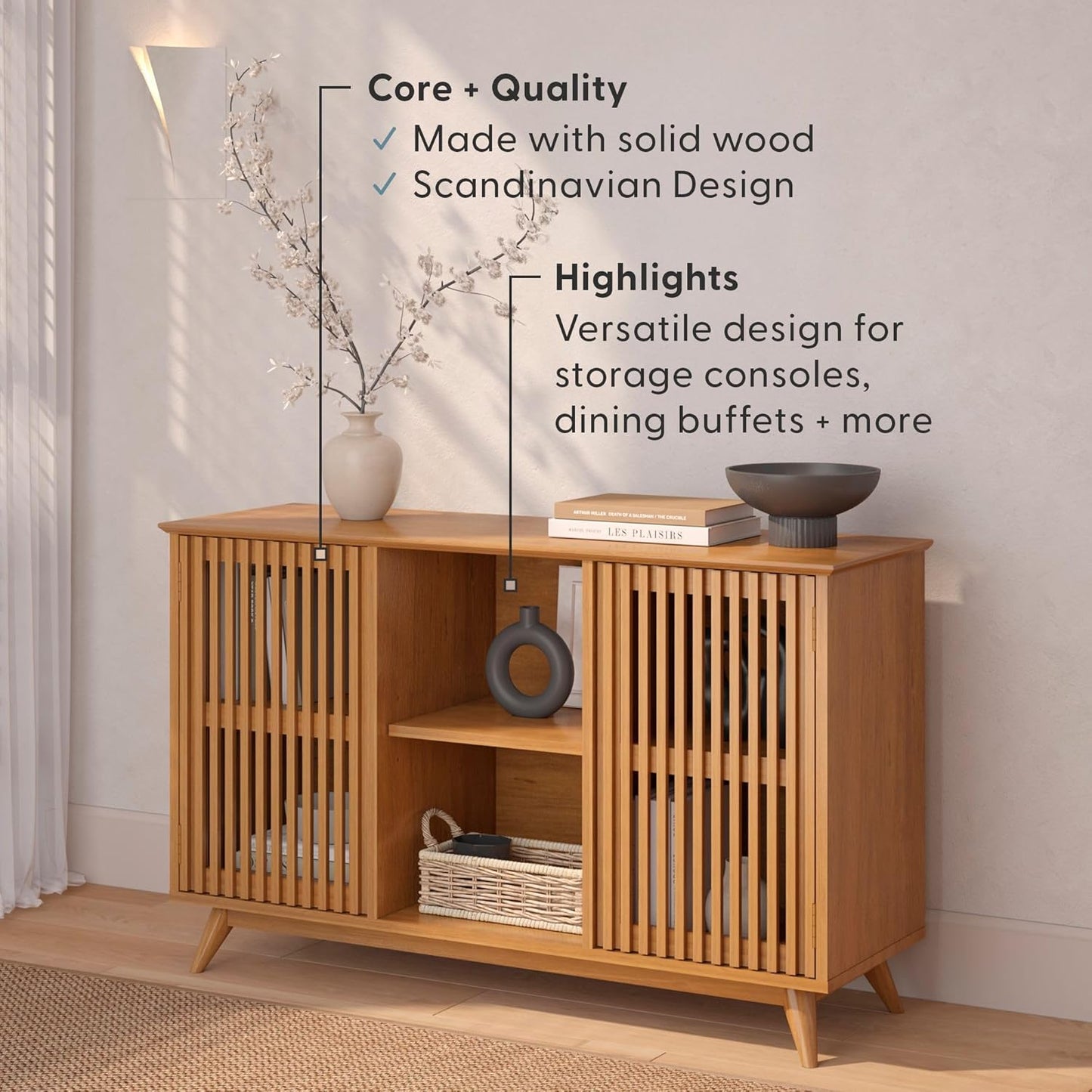 Plank+Beam Mid-Century Modern Wood TV Stand, Solid Wood Entertainment Console with Storage, 49" L x 16" W x 30" H, Pecan