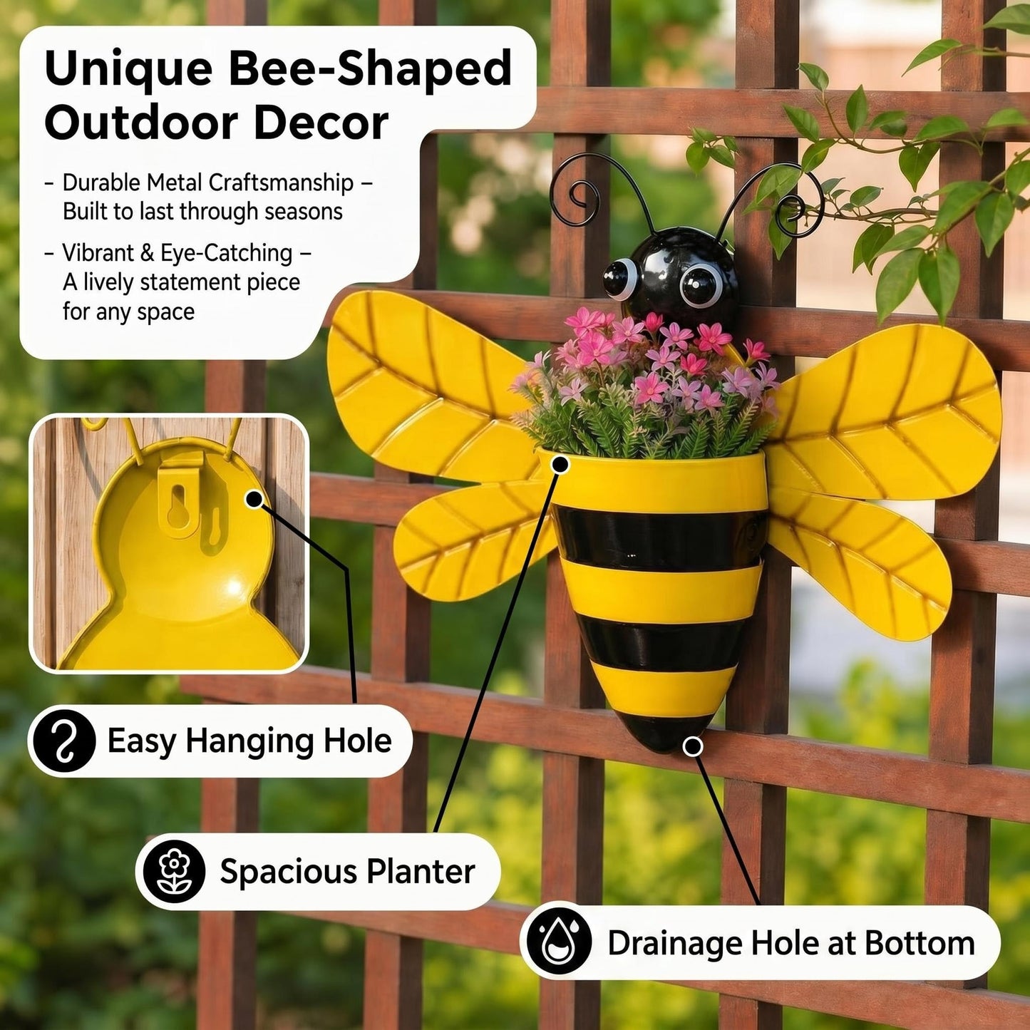 VinSees 3 Pcs 20 Inch Metal Bee Wall Pocket Planter, Rustic Decorative Wall Hanging Planter for Indoor & Outdoor, Flower Plant Pot for Garden Yard Patio Balcony & Fence, Black & Yellow, Set of 3