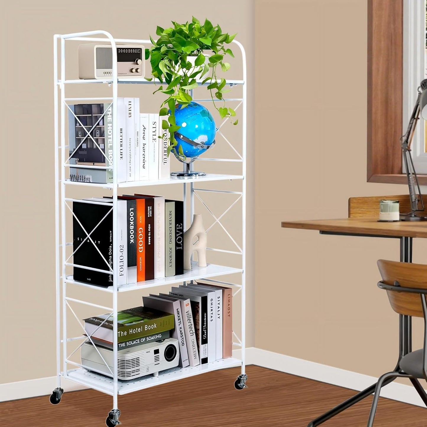 Foldable 4-Tier Metal Shelf with Wheels - Folding Bookshelf Unit for Living Room, Kitchen, Study 12.6" D x 23.6" W x 46.8" H, Glossy White