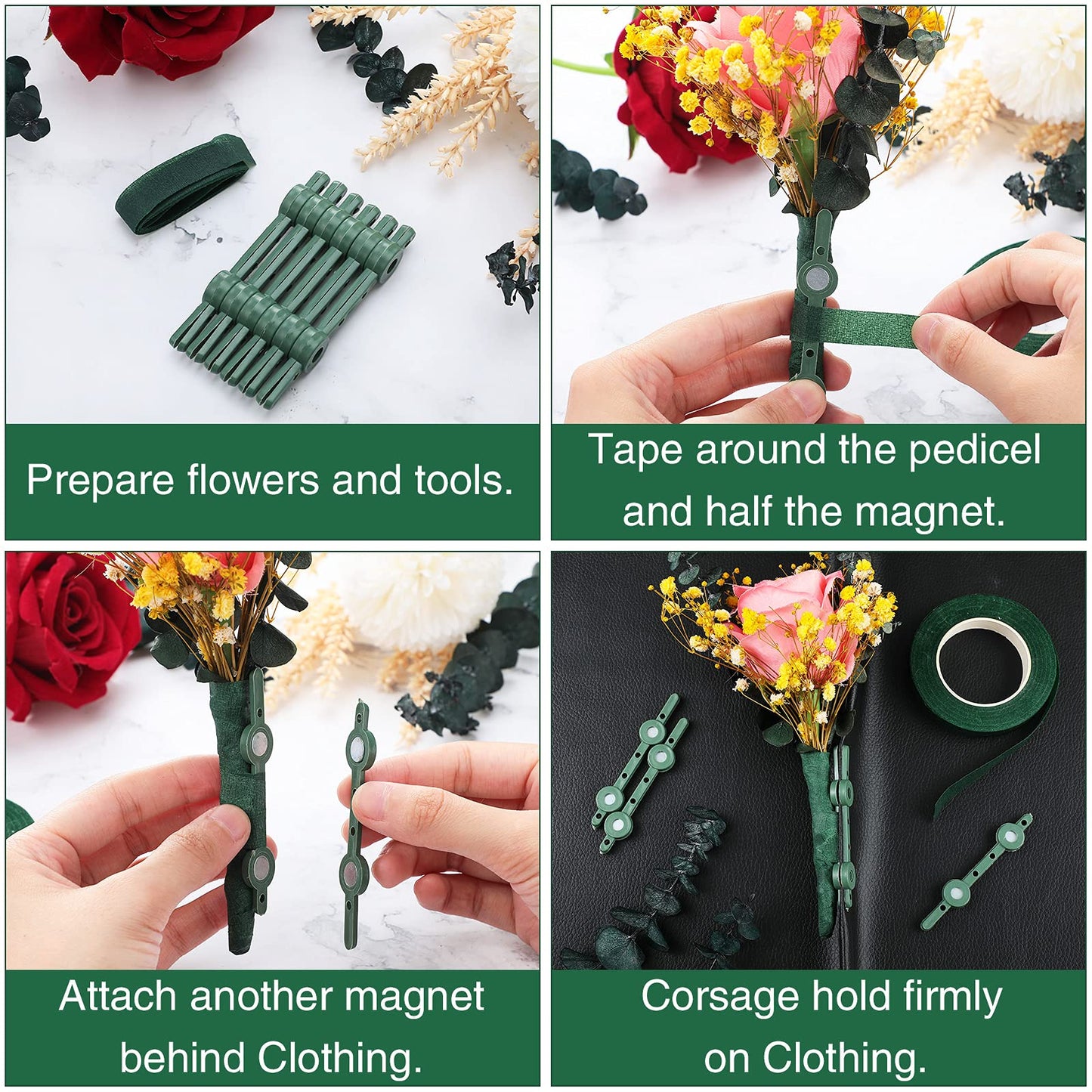 Hicarer 18 Pcs Floral Boutonniere Magnets Corsage Brooches Sets Include Corsage Wristlet Bands Flower Magnets Green Floral Wrapping Tapes for DIY Flower Pins Buttonhole Making Accessories