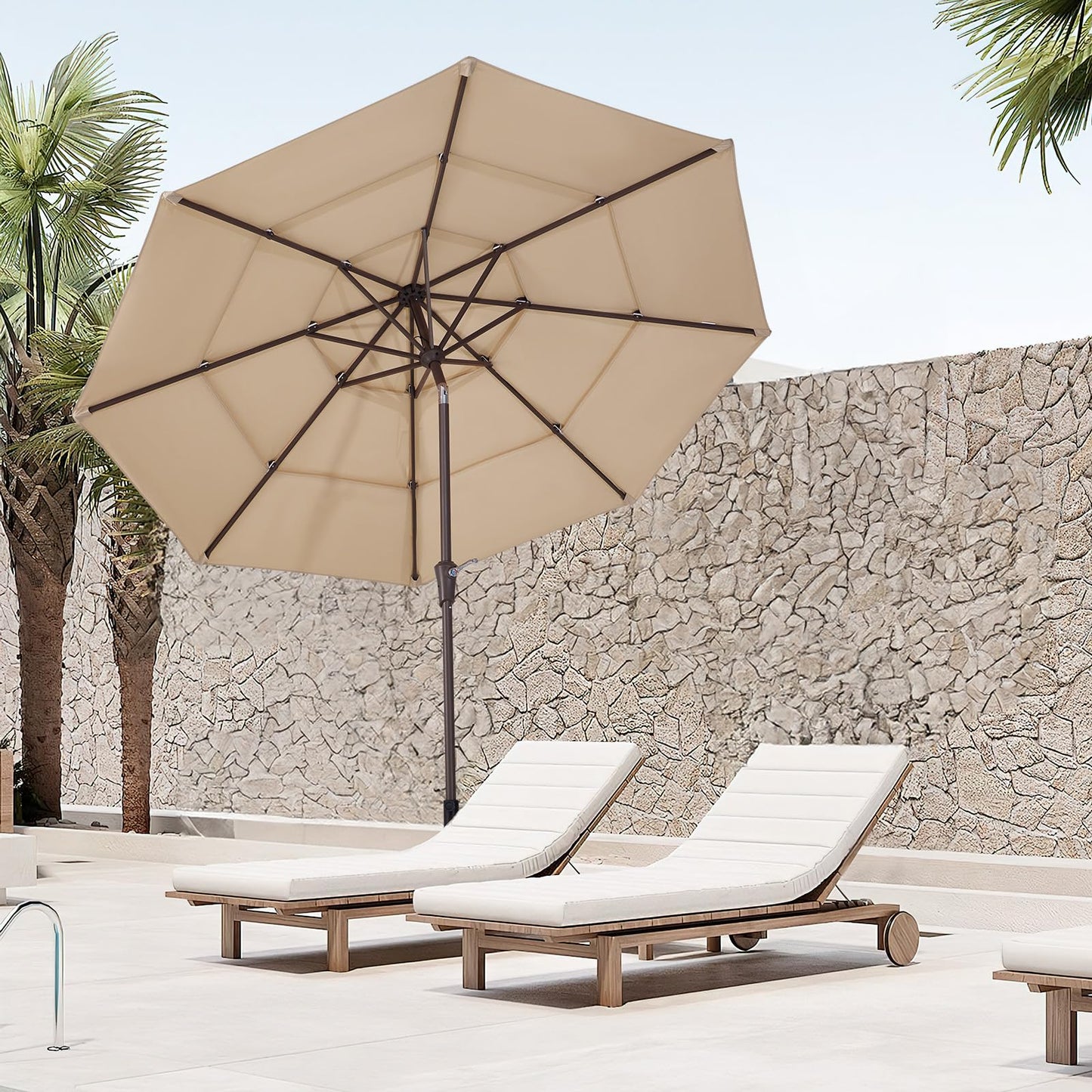 JEAREY 9FT 3 Tier Patio Umbrella Outdoor Market Umbrella Table Umbrellas with 8 Ribs 1.5 Pole Push Button Tilt and Crank UV Protection for Garden,Beige